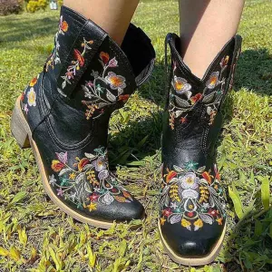 Women Vintage Flower Embroidered Cowgirl Boots Retro Short Western Ankle Boots